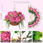 Artificial Hydrangea Flowers with Hanging Basket Planter for Spring Decoration, Fake Silk Flowers Outdoor Arrangements, Faux Hanging Plants for Garden Balcony Outside Decor (Fuchsia)
