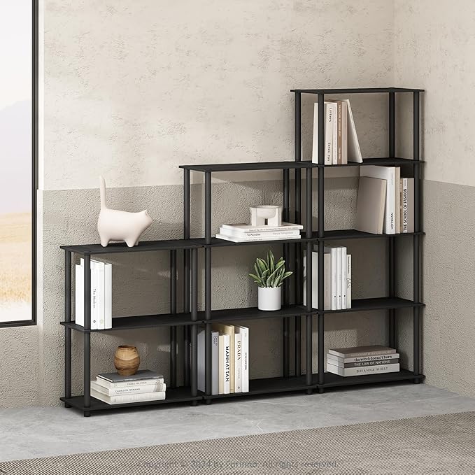 Furinno Turn-N-Tube Book Shelf, 4-Tier Bookshelf, Bookcase with Multipurpose Compact Display Rack, 11.6 x 23.6 x 43.2, for Living Room, Bedroom, Home Office, Americano/Black