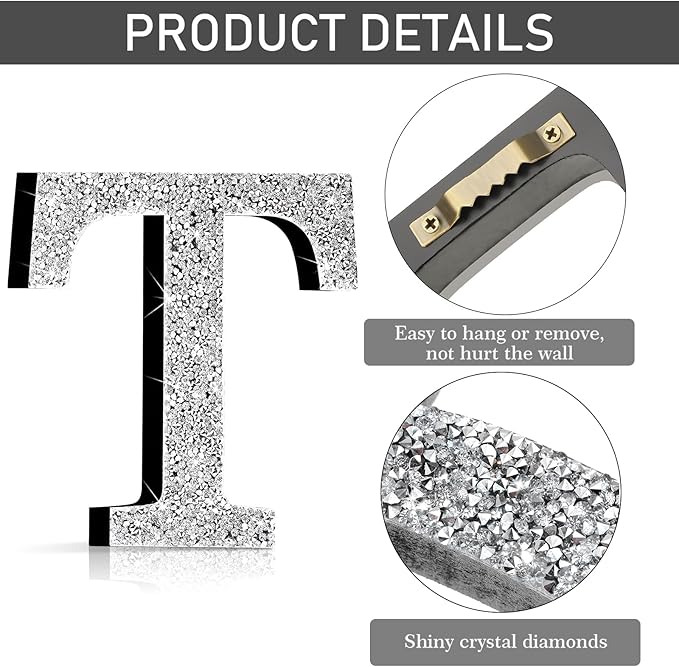 Qunclay 8'' Silver Crystal Diamond Bling Letters Crushed Diamond Decoration Wooden Glitter Letter with Screw and Hooks Rhinestone Gift for Wedding Y2k Mcbling Bedroom Wall Decor (Letter T)