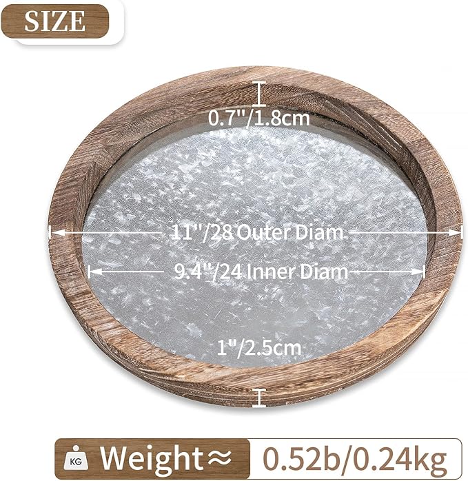 Hanobe Round Wood Decorative Tray: Rustic Wooden Tray for Coffee Table Farmhouse Centerpiece Mirror Candle Holder Vintage Mirrored Bar Plate Ottoman Topper for Home Decor Bathroom Kitchen