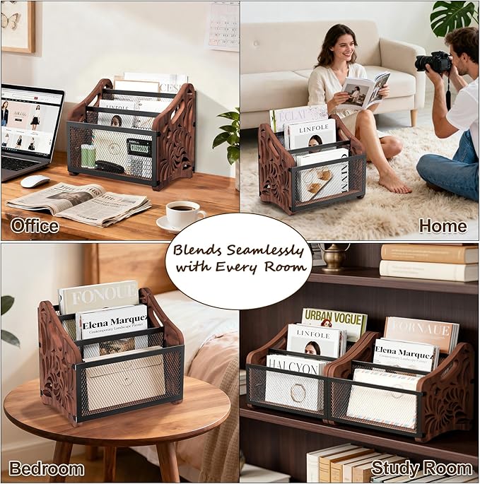 Magazine Holder,3-Compartment Magazine Rack Floor,Wood Magazines File Holder Organizer,Rustic Magazines Storage Basket for Books,Newspapers,Mails,Files