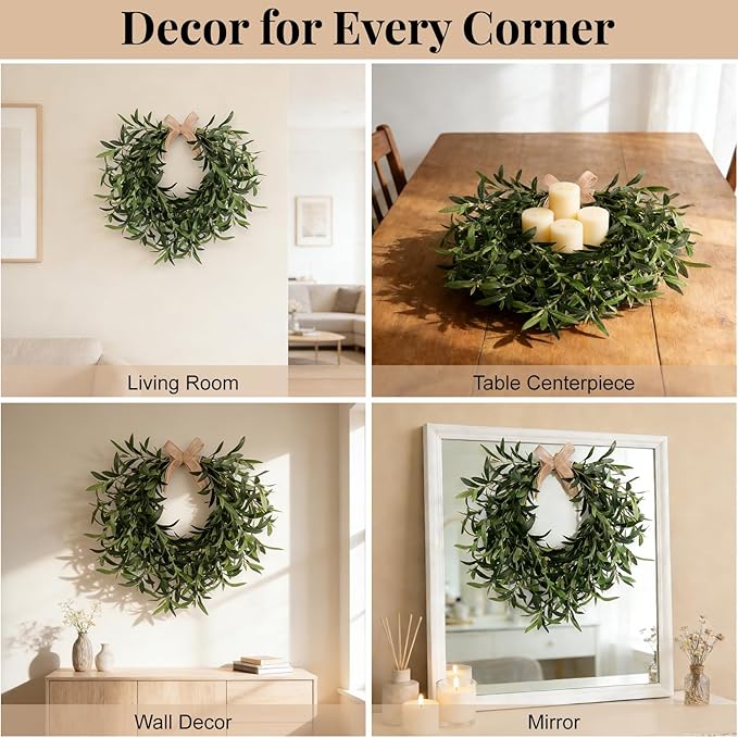Artificial Olive Wreath for Front Door - 22 Inch Faux Greenery Wreath with Burlap Bow & Olives - Modern Farmhouse Wall Decor, Year Round Spring Summer Wreath for Indoor Outdoor Wedding Entryway