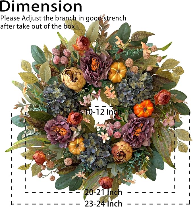 WANNA-CUL 24 Inch Spring Fall Wreaths for Front Door with Blue Hydrangea, Fall Wreath with Purple,Orange Peony-Fall Decoration for Home-Fall Decor Door Wreath for Valentines Day Mothers Day Autumn