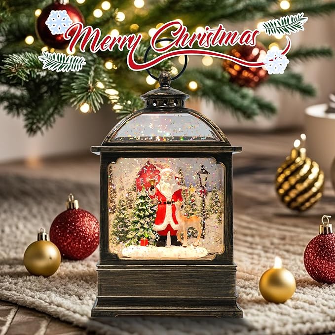 Christmas Snow Globe Lantern with Santa 8 Music Songs & 6H Timer Water Snow Globe Lantern USB & Battery Operated for Christmas Festival Decorations Gifts (Santa)