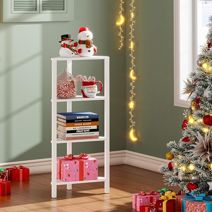 TUTOTAK Corner Shelf, 4-Tier Corner Bookshelf for Small Space, Narrow Display Corner Shelf Stand with Storage Rack, for Living Room, Bedroom, White BS05BW004