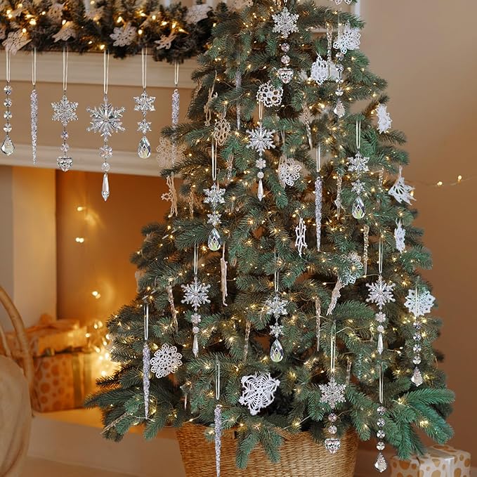 Jishi 21pcs Crystal Christmas Ornaments for Christmas Tree Decorations, Hanging Crystals Acrylic Snowflake Icicle Ornaments Set w/Drop Pendants for Winter Wonderland, Holiday Home Decor Party Supplies