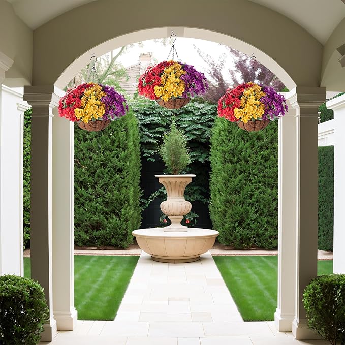 Artificial Flower in Hanging Basket Outdoor Indoor Garden Yard,Coconut Lining Flowerpot with Faux Plant,Daisy with Eucalyptus Leaves Arrangement for Home Spring Summer Decor(Red Purple Yellow)