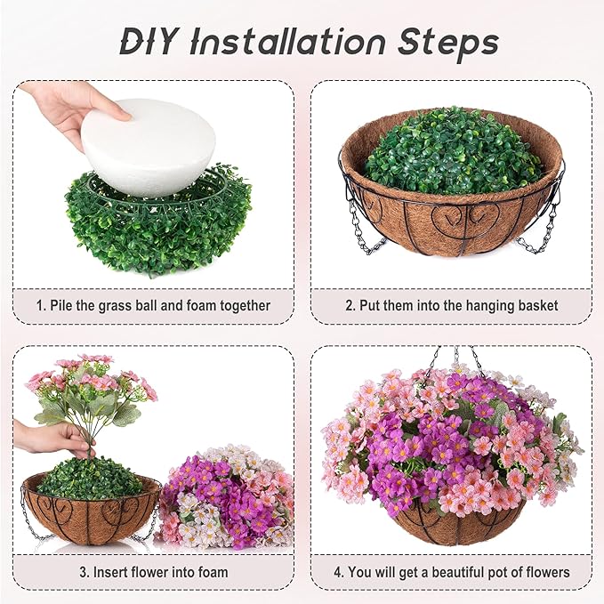 Artificial Flower in Hanging Basket Outdoor Indoor Decoration,Coconut Lining Flowerpot with Faux Plant,Daisy with Eucalyptus Leaves Arrangement for Home Spring Summer Decor(Pink White Purple)