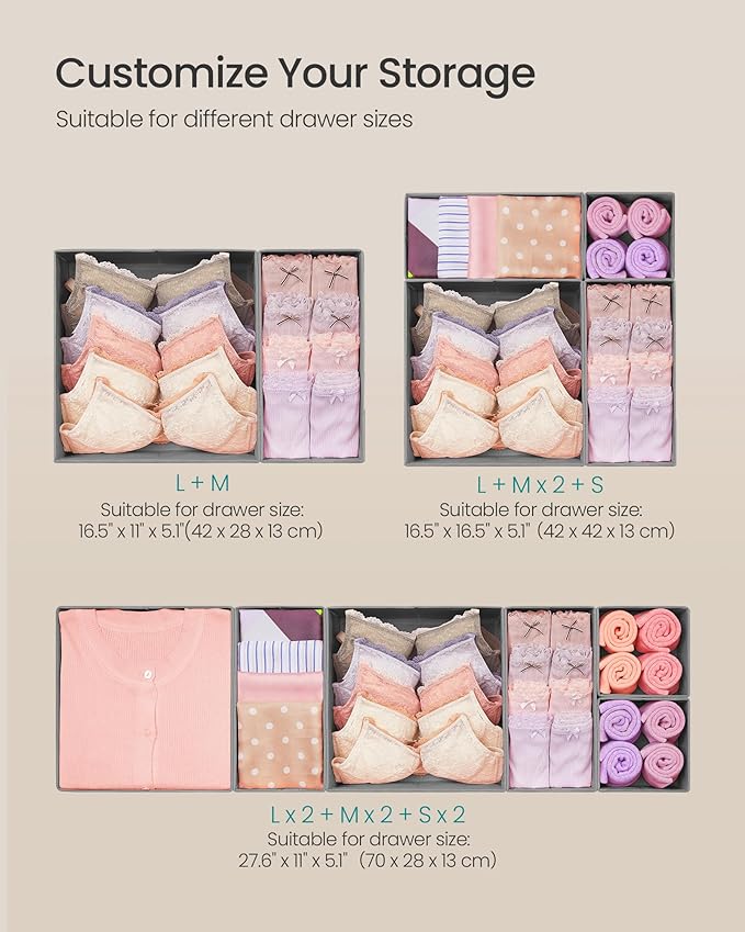 SONGMICS Drawer Organizers, Dresser Divider Organizers, Set of 12, Foldable Fabric Storage Boxes for Socks, Underwear, Bras, Ties, Scarves, Dove Gray URDZ006G02