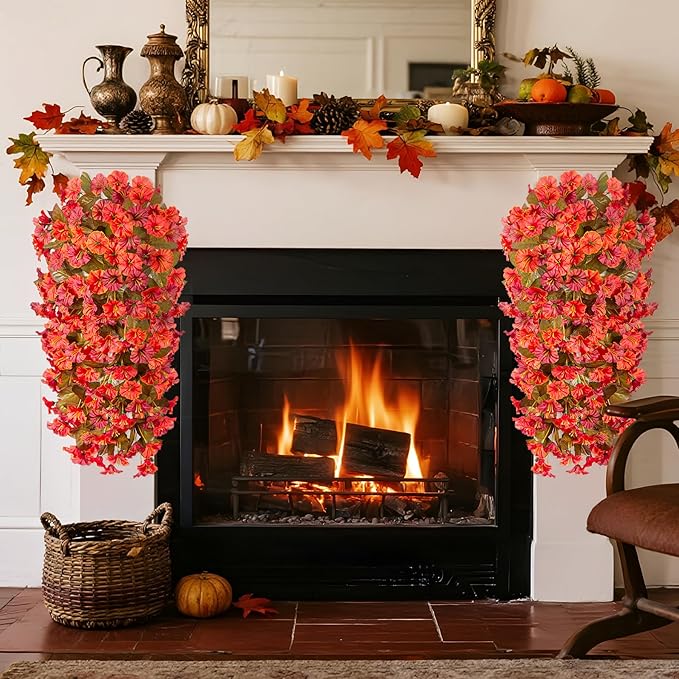 Artificial Fall Hanging Flowers for Outdoors Decoration, 2PCS Fake Plants Faux Realistic Silk Morning Glory Long Vines UV Resistant for Autumn Outside Porch Patio Balcony Yard Planter, OrangeRed