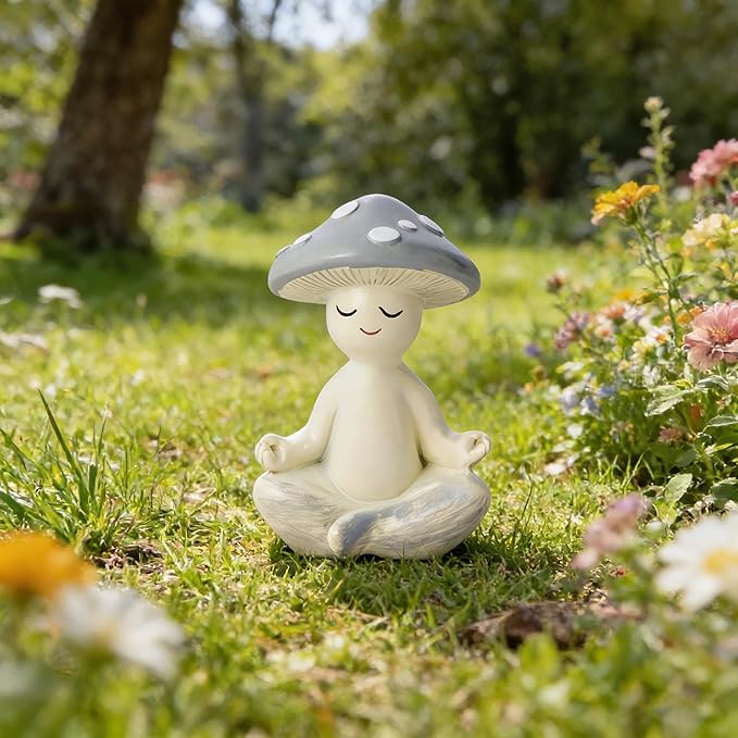 Meditation Mushroom Resin Statue - Cute Meditation Mushroom Statue for Desk Living Room Resin Figurine for Home Patio Office Decoration Cute Plant Statues for Tabletop Garden Backyard Decor