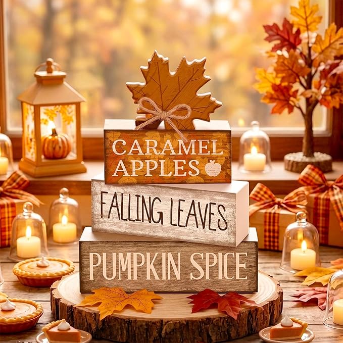 Moucuny 4 Pcs Fall Decor Wooden Maple Leaf Decoration Thanksgiving Tiered Tray Decor Rustic Wooden Maple Leaf Block Signs Thanksgiving Table Centerpiece Farmhouse for Autumn Harvest Party Kitchen Home