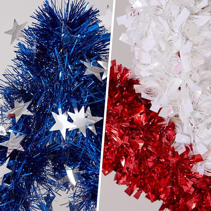 VeriNatural 4th of July Decorations - 19" Patriotic Red White and Blue Star Garland - Independence Day Tinsel Garland for Indoor Outdoor,Golf Cart, Party,Door and Wall Hanging Decor