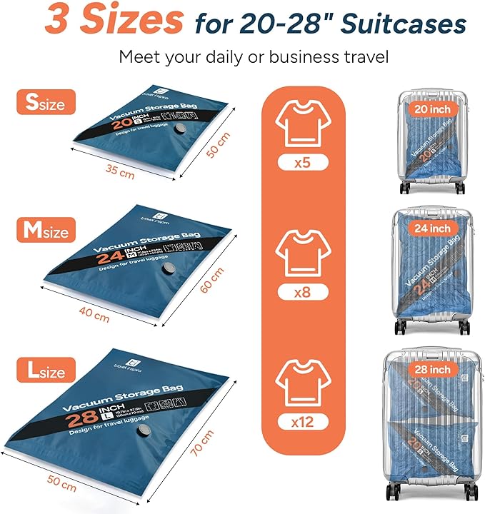 travel inspira 2026 Upgraded Vacuum Travel Bags Oxford Cloth Compression Packing Bags with Privacy Protection Space Saver for 20/24/28" Luggage Suitcase Reusable Travel Essentials (S/M/L)