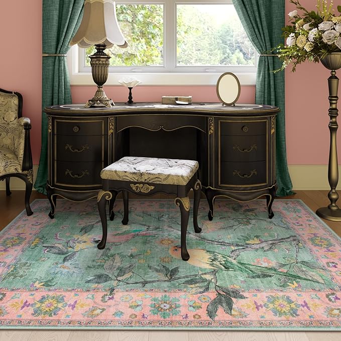 Lahome Botanical Birds Pink Rugs for Bedroom Girls, 5x7 Washable Living Room Dining Room Rugs for Under Table, Vintage Indoor Carpet Throw Nursery Carpet for Kids Classroom (5x7ft,Pink)