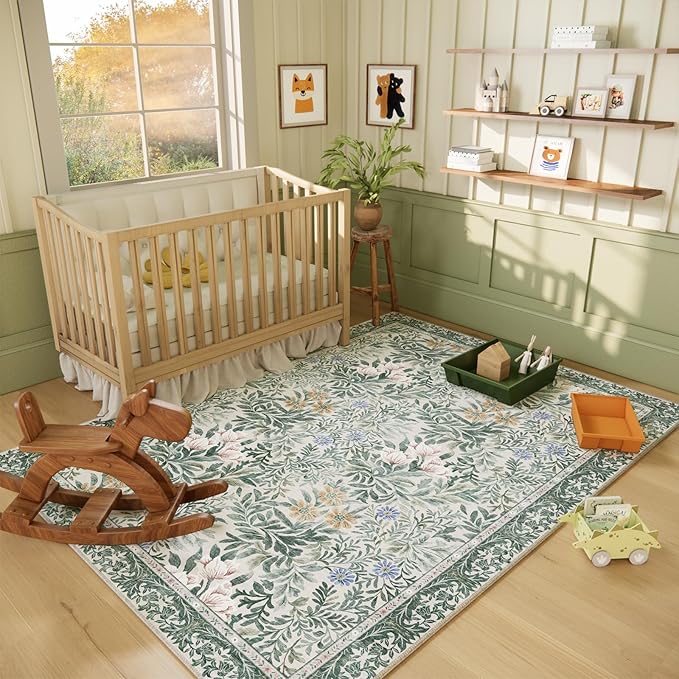 Botanical Floral Area Rug 5x7 Light Green Cream Vintage Garden Design, Perfect for Living Room, Bedroom, Kids Room, Nursery - Stain & Water Resistant Non-Slip, Pet & Child Friendly Area Rugs