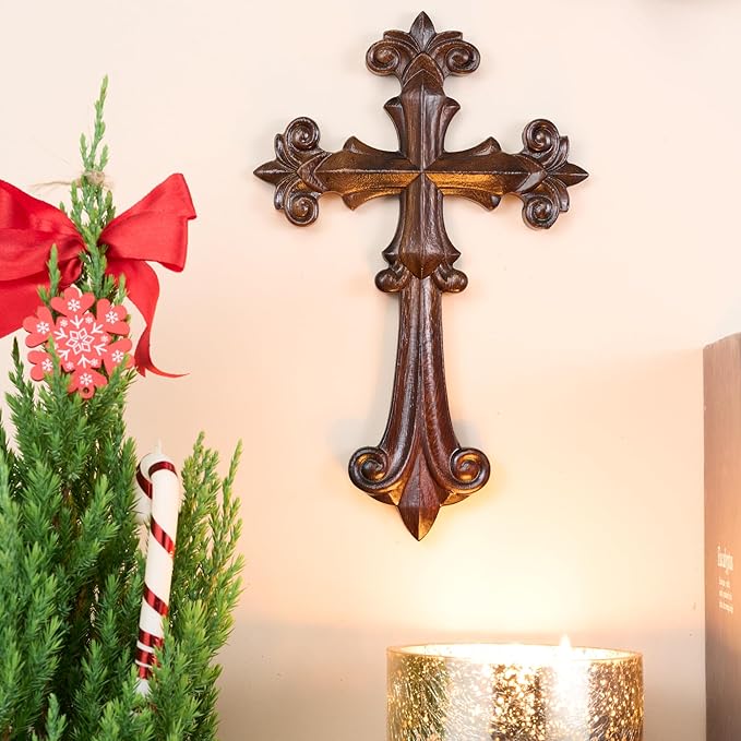 DAICAT - Hand-carved Cross, Wood Cross for Wall 9.8 Inch, Cross Wall Decor for Home, Rustic Crucifix Gift for Mom and Dad, Hand made Mother's Day Gifts for Mom, Wife, Sister, Grandma (No 2)
