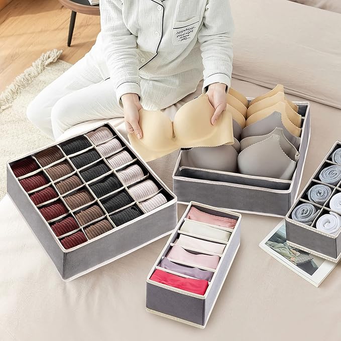 6 Pack Drawer Underwear Organizer, 59-Compartment Foldable Sock Bra Drawer Organizer Divider Fabric Dresser Closet Organizers and Storage Box for Storing Bra, Socks, Baby Clothes, Panty, Scarf, Ties