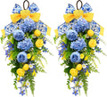 nuvagiki Summer Lemon Floral Teardrop Swag Set of 2, Blue Yellow Chinoiserie Lemon Front Door Decor, Floral Porch Swag for Farmhouse Entryway Wall Hanging Decorations
