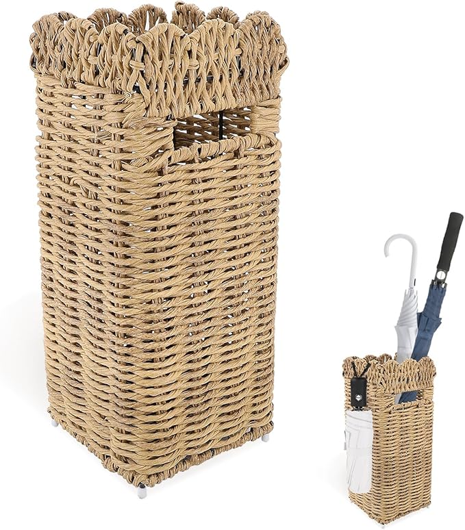 Woven Umbrella Stand for Entryway, PE Rattan Umbrella Holder Basket with Removable Drip Tray, Scalloped Square Cane Stand for Umbrellas, Walking Sticks, Wrapping Paper, Farmhouse Porch Decor, 16.5"