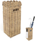 Woven Umbrella Stand for Entryway, PE Rattan Umbrella Holder Basket with Removable Drip Tray, Scalloped Square Cane Stand for Umbrellas, Walking Sticks, Wrapping Paper, Farmhouse Porch Decor, 16.5"