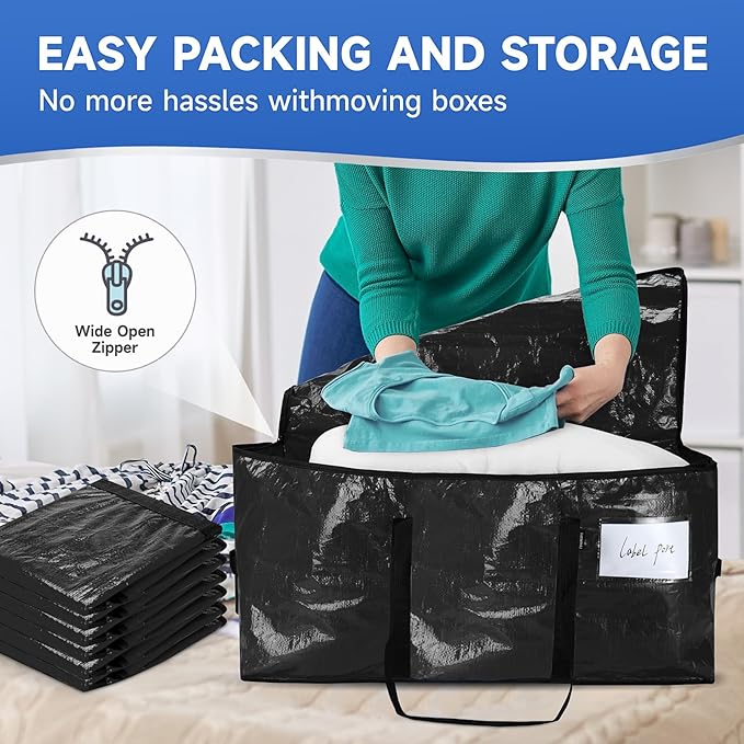 CONGREGATE 8-Pack Heavy Duty Black Moving Bags with Zippers and Handles, Heavy Duty Storage Handbags for Space Saving, Made of PE, 97 Liters/25.6 Gallons (28.7 Inch x 13.7 Inch x 15 Inch)
