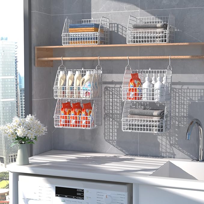 Hanging Closet Organizer and Storage, Clothes Hanging Shelves Wire Baskets for Clothing Sweaters Purse Handbags Shoes White 5 Tier