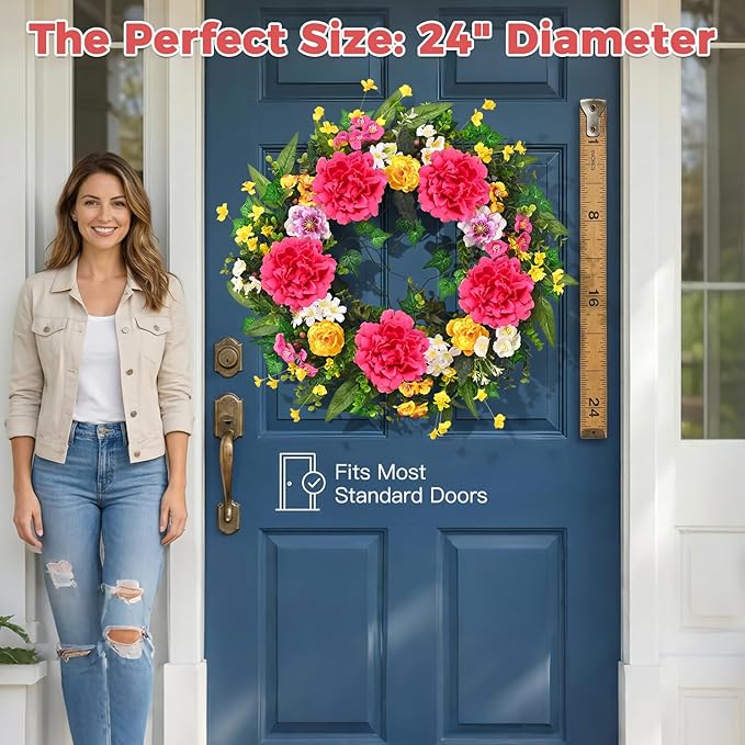 Yastouay Spring Summer Wreaths for Front Door, 24 Inch Large Spring Summer Door Wreath with Vibrant Peonies Hibiscus Flowers, Spring Wreath for Front Door Farmhouse Porch Wall Window Indoor Outdoor
