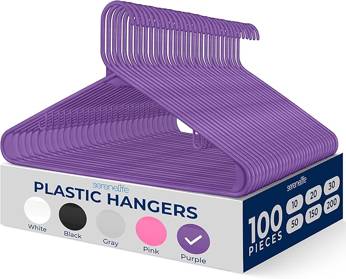 SereneLife 100 Pack Plastic Hangers, Non-Slip, Space-Saving Closet Organizers, Durable and Strong for Shirts, Sweaters, Hoodies, Kids Clothes & Dresses, Ultra-Thin, Lightweight