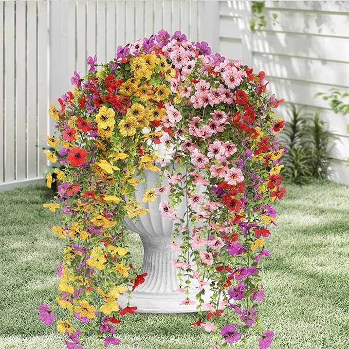 Artificial Hanging Flowers for Outdoors, 8 Pcs Fake Plant for Spring Summer Decoration, UV Resistant Realistic Silk Faux Flowers Outside Indoor Planter Porch Patio Balcony Yard Decor