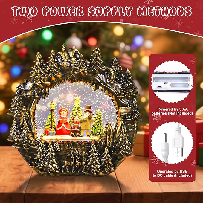 Christmas Snow Globe Lantern Water Glittering Globe with Caroling Family 8 Music Songs & 6H Timer Christmas Snow Globes USB & Battery Operated for Christmas Festival Decorations Gifts (Bridge-Family)