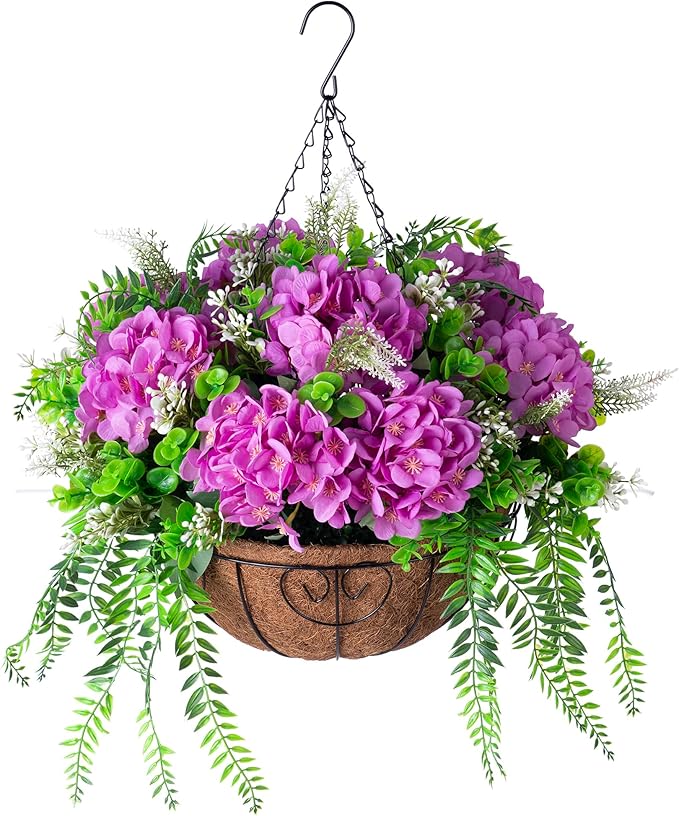 Artificial Flowers in Hanging Basket Planter for Home Spring Summer Decoration, Silk Hydrangea Outdoor Indoor Arrangements, 12" Metal Coconut Lining Basket with Faux Plant(Purple)