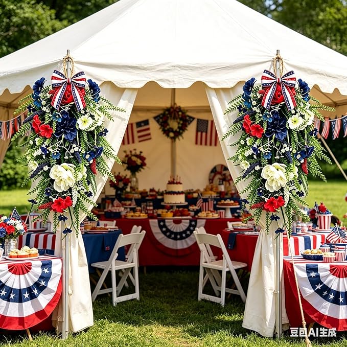 2 Pack 21'' Patriotic 4th of July Teardrop Swag Wreaths Independence Day Patriotic Floral Swag with Artificial Flowers and Fern Leaves Hanging Wreath for Double Front Doors Porch Window Wall Farmhouse