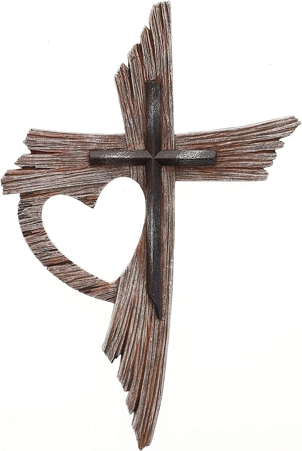 Top Brass Rustic One Love Decorative Heart Wall Cross - Multi Layered Weathered Wood Look Spiritual Jesus Art Sculpture