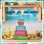 Lineshading 4 Pcs Summer Table Decorations Wooden Flip-flop Stacked Block Decor, "Sunny Days It's Summertime" Signs with Beach Sandal Topper, Rustic Coastal Tiered Tray Decoration for Home Coffee Bar