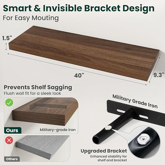 Floating Shelves for Wall 40 in x 9.3 in Deep, Wall Mounted Rustic Wood Shelf with Invisible Brackets for Storage & Display, Living Room Bedroom Bathroom, Walnut, 2 Pack