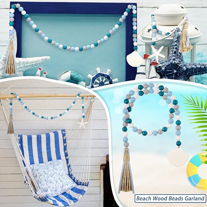 Janinka 2 Pcs Farmhouse Seashell Bead Garland with Tassels Decorative Beads Decor Nautical Farmhouse Tiered Tray Decorations Set Coastal Garland for Home and Kitchen, Wooden Beads(White)