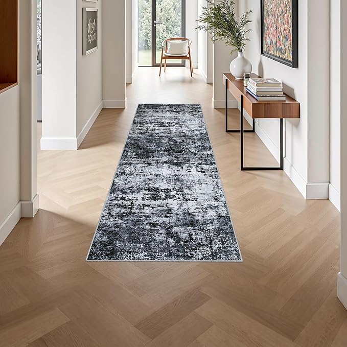 2'x6' Runner Rug Washable Rug: Modern Abstract Soft Thin Runner Rug Black