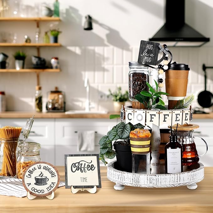 Mifoci 17 Pcs Coffee Tiered Tray Decorations Wooden Coffee Bar Decor Farmhouse Bar Accessories Gnome Wooden Table Sign for Table Kitchen Winter Valentines Gift