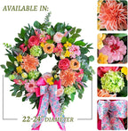 Spring Wreaths for Front Door 24 Inch Outdoor Spring Wreath with Pink Bow– Handmade Peach Dahlia & Garden Rose Summer Wreaths for Front Door,Farmhouse Home,Porch,Wall,Window Decor