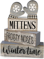 Lineshading 4 Pcs Winter Table Decorations Wooden Mittens Decor Winter Tiered Tray Decor Rustic Snowflake Mittens Block Signs Gift Farmhouse Christmas Centerpiece for Wonderland Party Kitchen Home