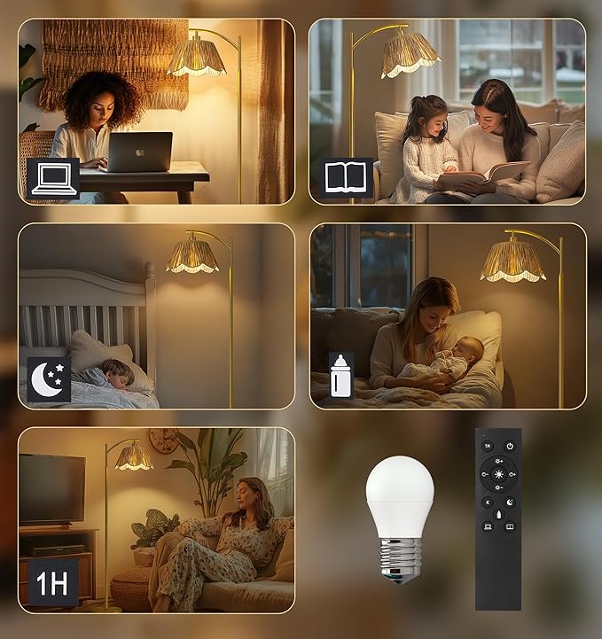 Oneach Arc Floor Lamp for Living Room with 3 Color Temperatures, Rattan Boho Floor Lamp with Hand-Woven Wicker Shade,Farmhouse Floor Lamps with Remote & Dimmable Bulb, Suitable for Bedroom（Gold）