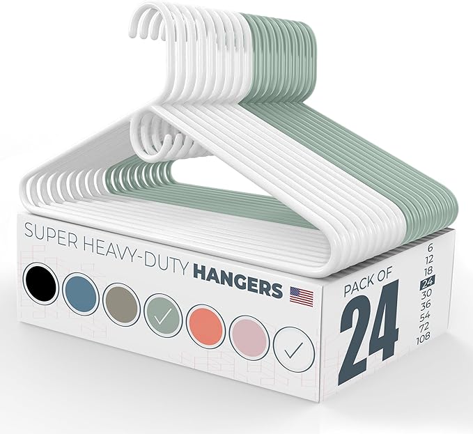 Neaties Super Heavy Duty Clothes Hangers 20 Pack (24 Count) – Made in the USA - 10lb Capacity, Thick Plastic Hangers for Pants, Coats, Jackets, Jeans and Adult Clothing – White & Mint