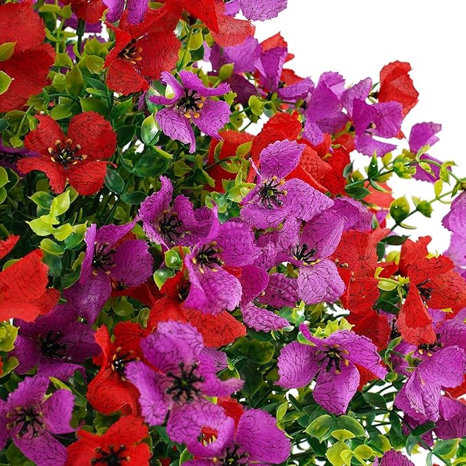 Artificial Faux Plants Flowers Outdoor Spring Summer Decoration, 12 Bundles Fake Silk Colorful Daisy Eucalyptus Realistic UV Resistant for Outside Home Planter Porch Patio Yard Decor (Red Purple)