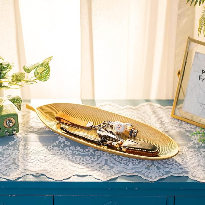 Hanobe Decorative Bowls for Home Decor: Leaf Shaped Wood Key Tray Entryway Decor Leaves Bowl for Fireplace Mantel, Gold
