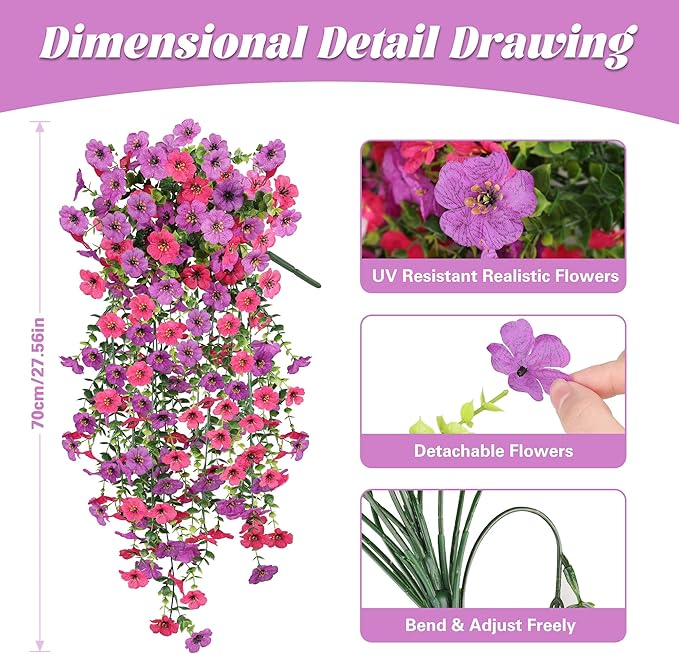 Artificial Hanging Flowers for Outdoors,No Fade 2 Bundles Fake Silk Flowers for Outside, Realistic Faux Plants Decorations for Hanging Baskets, Planters-Porch, Patio, Yard Decor