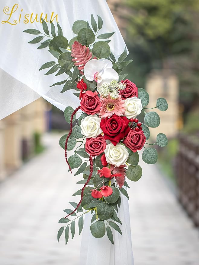 Lisuun Wedding Arch Flowers, Artificial Flowers for Decoration, 2pcs Flower Swag and 1 pcs Semi-Sheer Chiffon Table Runner Swag for Beautiful Dream Wedding Ceremony Floral Decor - Pack of 3