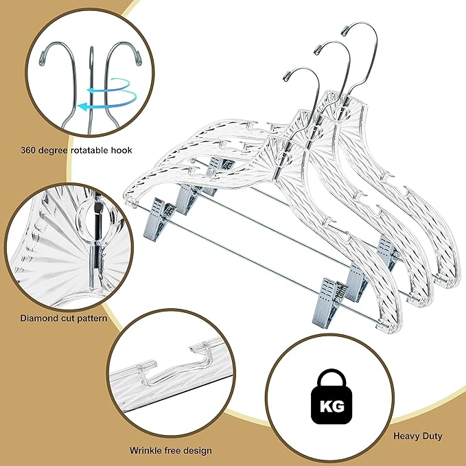 Quality Clear Plastic Skirt Hangers - 96 Pack Crystal Cut for Skirt, Pant, Dress, Suit, Coat Hangers Heavy Duty & Nonslip Design Adjustable Clips, Swivel Hook, 17" inch