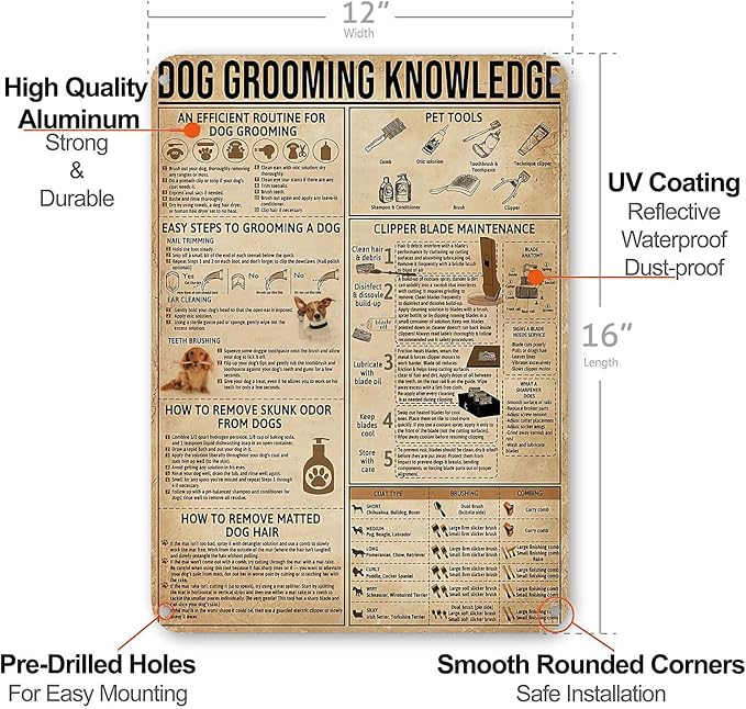 Dog Grooming Knowledge Metal Signs Poster, Vintage Decorations Wall Art Decor 16x12 Inches