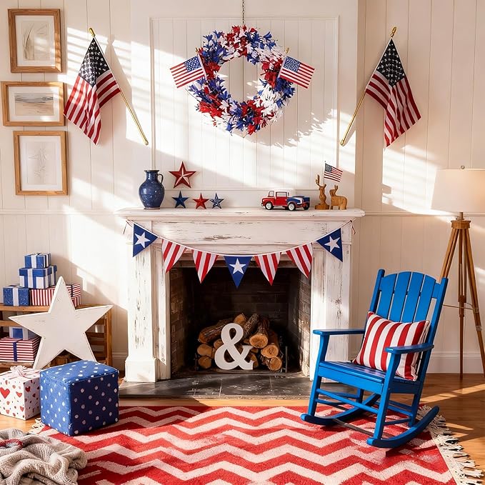 4th of July Wreath Patriotic Wreath 22 Inch Independence Day Wreaths for Front Door with Red White Blue Flag Forsythia Flowers for American Memorial Day Flag Day Indoor Outdoor Decor